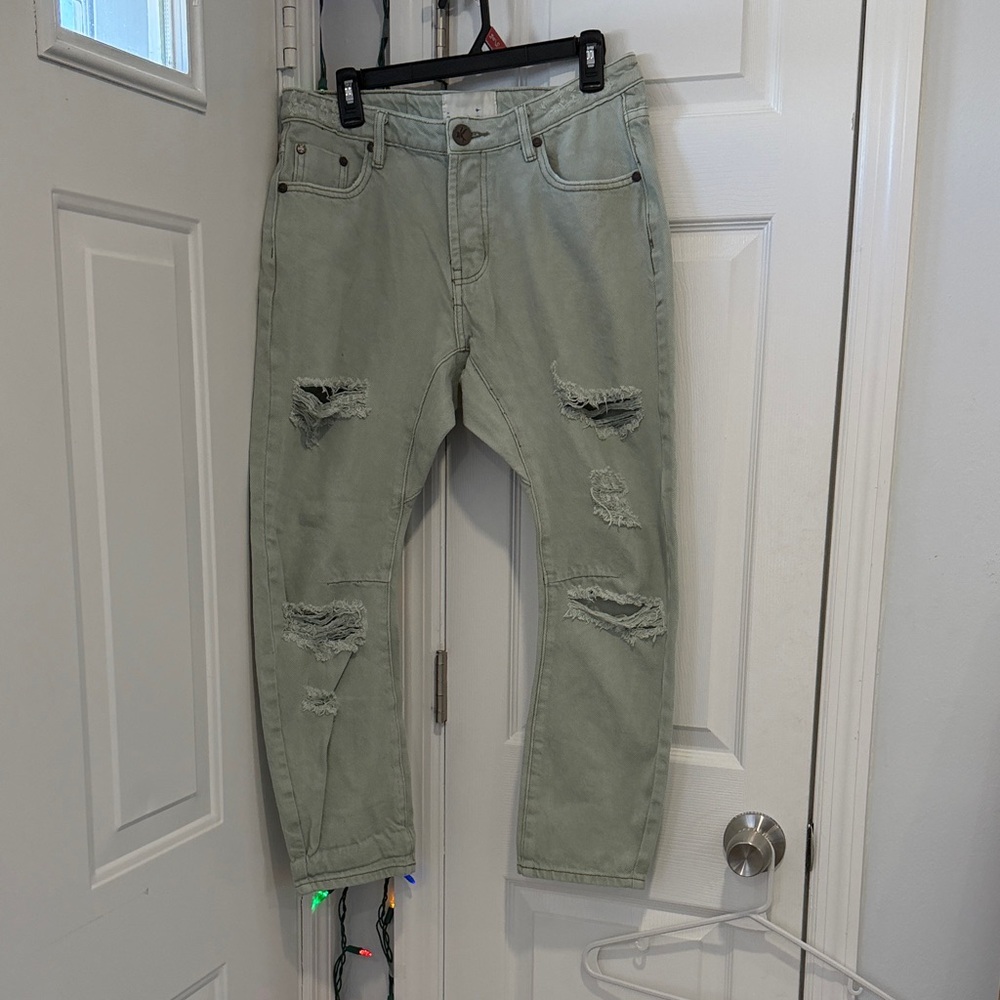 Women's Distressed Green Jeans